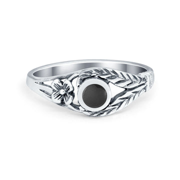 Vintage Antique Style Flower Ring Round Simulated Onyx CZ 925 Sterling Silver